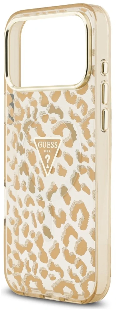 Dėklas Guess IML Leopard Glitter Triangle Logo MagSafe do iPhone 18 Pro / 17 Pro ruda