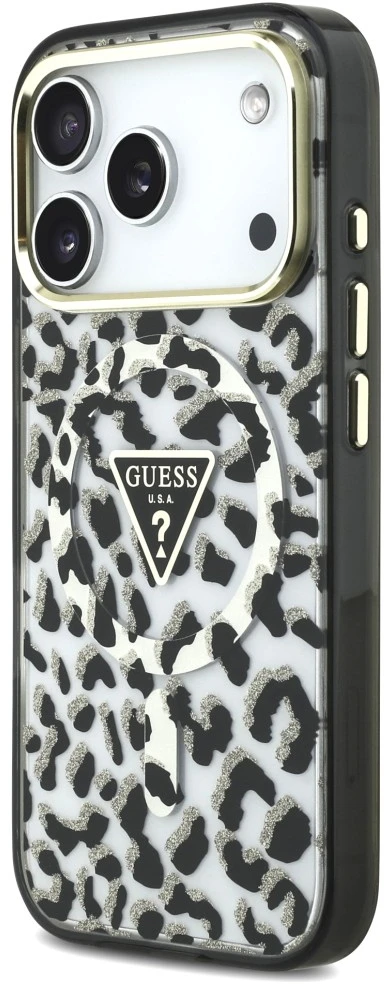 Dėklas Guess IML Leopard Glitter Triangle Logo MagSafe do iPhone 18 Pro / 17 Pro juoda