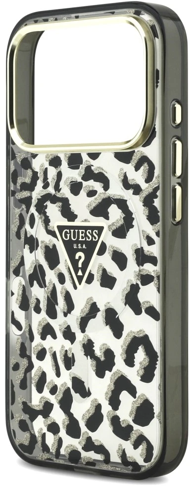 Dėklas Guess IML Leopard Glitter Triangle Logo MagSafe do iPhone 18 Pro / 17 Pro juoda