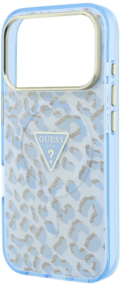 Dėklas Guess IML Leopard Glitter Triangle Logo MagSafe Case for iPhone 17 Pro / 18 Pro - Mėlyna
