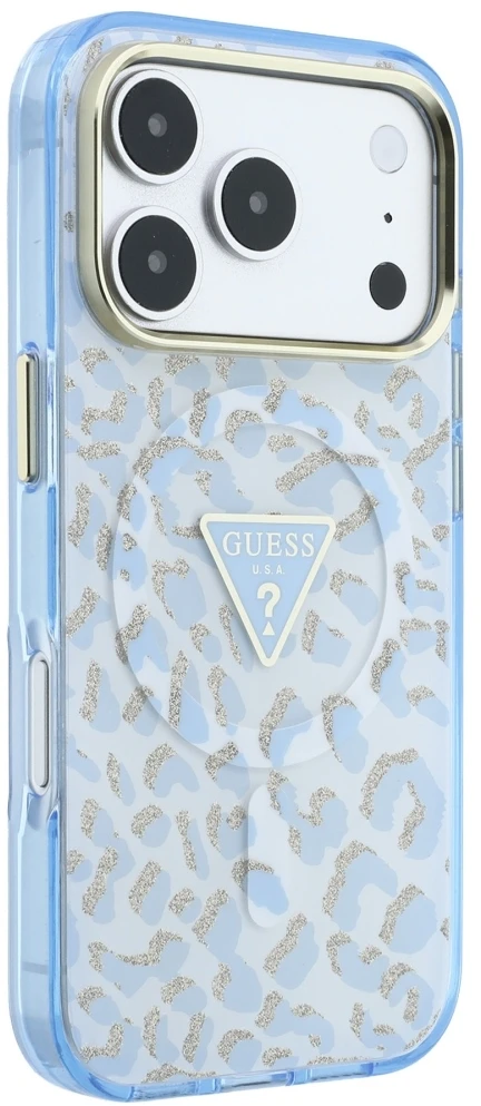 Dėklas Guess IML Leopard Glitter Triangle Logo MagSafe Case for iPhone 17 Pro / 18 Pro - Mėlyna