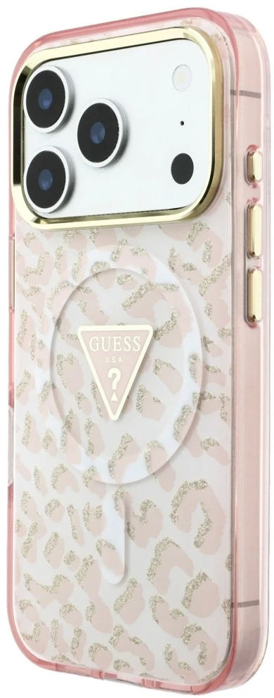 Dėklas Guess IML Leopard Glitter Triangle Logo MagSafe do iPhone 18 Pro / 17 Pro rožinė