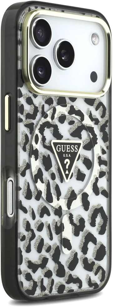 Dėklas Guess IML Leopard Glitter Triangle Logo MagSafe do iPhone 18 Pro / 17 Pro juoda