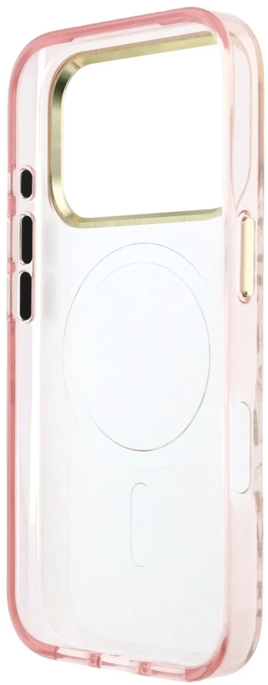 Dėklas Guess IML Leopard Glitter Triangle Logo MagSafe do iPhone 18 Pro / 17 Pro rožinė