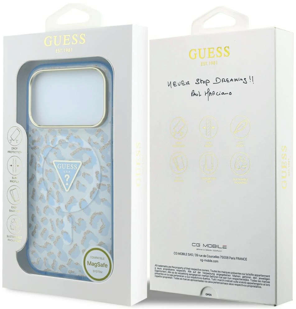 Dėklas Guess IML Leopard Glitter Triangle Logo MagSafe Case for iPhone 17 Pro / 18 Pro - Mėlyna