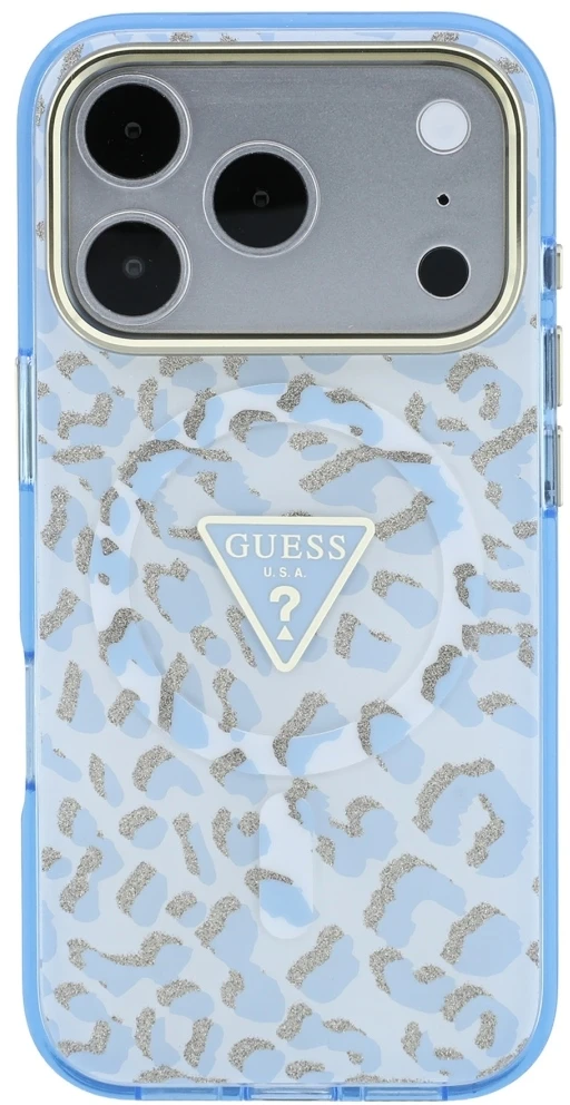 Dėklas Guess IML Leopard Glitter Triangle Logo MagSafe Case for iPhone 17 Pro Max / 18 Pro Max - Mėlyna