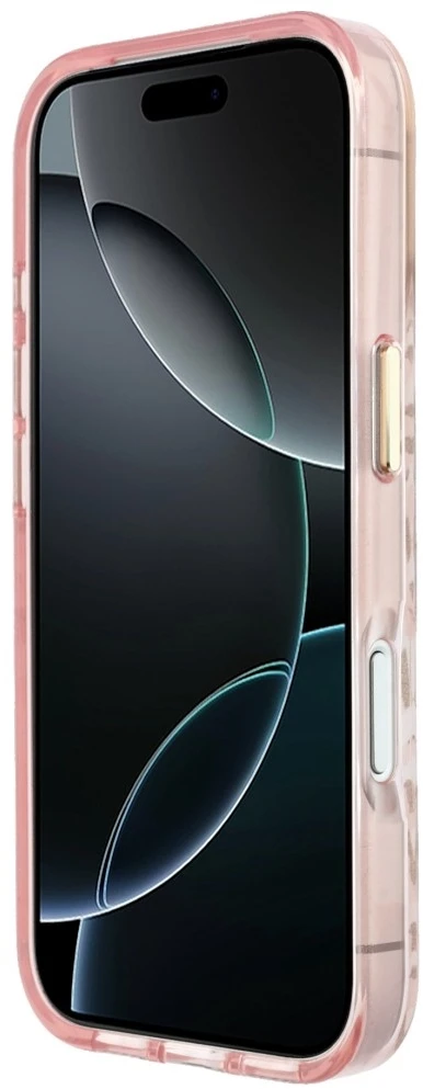 Dėklas Guess IML Leopard Glitter Triangle Logo MagSafe do iPhone 18 Pro / 17 Pro rožinė