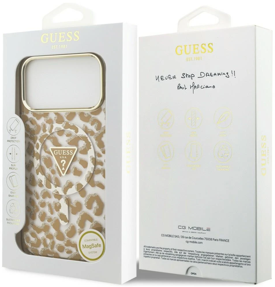 Dėklas Guess IML Leopard Glitter Triangle Logo MagSafe do iPhone 18 Pro / 17 Pro ruda