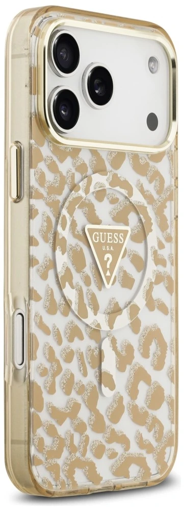 Dėklas Guess IML Leopard Glitter Triangle Logo MagSafe do iPhone 18 Pro / 17 Pro ruda