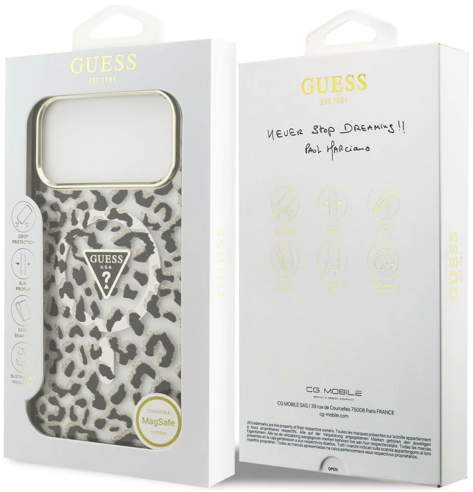 Dėklas Guess IML Leopard Glitter Triangle Logo MagSafe do iPhone 18 Pro Max / 17 Pro Max juoda