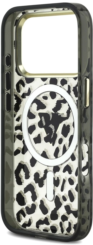 Dėklas Guess IML Leopard Glitter Triangle Logo MagSafe do iPhone 18 Pro / 17 Pro juoda
