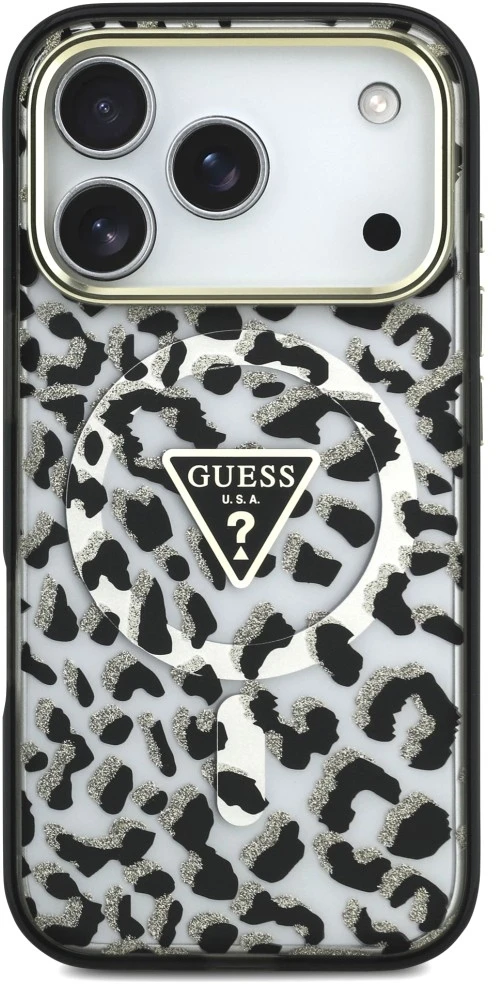 Dėklas Guess IML Leopard Glitter Triangle Logo MagSafe do iPhone 18 Pro / 17 Pro juoda