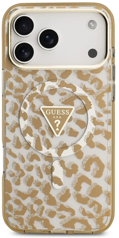 Dėklas Guess IML Leopard Glitter Triangle Logo MagSafe do iPhone 18 Pro / 17 Pro ruda