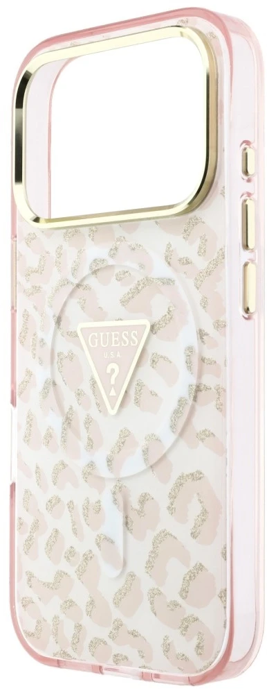 Dėklas Guess IML Leopard Glitter Triangle Logo MagSafe Case for iPhone 17 Pro Max / 18 Pro Max - Rožinė