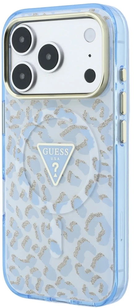 Dėklas Guess IML Leopard Glitter Triangle Logo MagSafe Case for iPhone 17 Pro / 18 Pro - Mėlyna