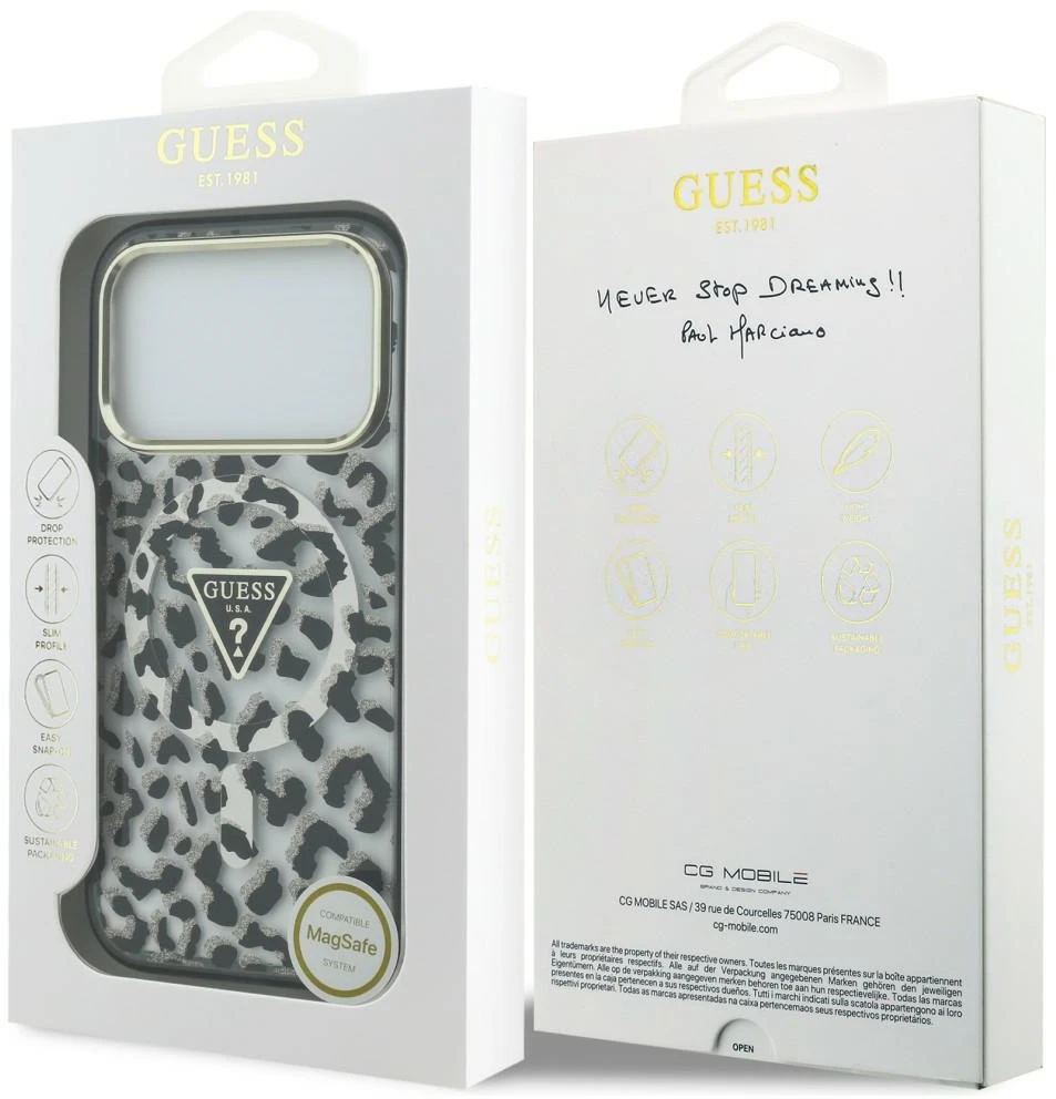 Dėklas Guess IML Leopard Glitter Triangle Logo MagSafe do iPhone 18 Pro / 17 Pro juoda