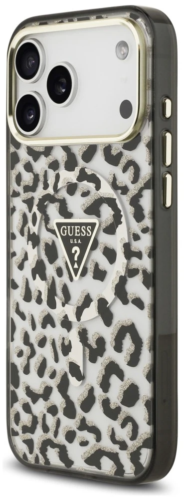 Dėklas Guess IML Leopard Glitter Triangle Logo MagSafe do iPhone 18 Pro Max / 17 Pro Max juoda