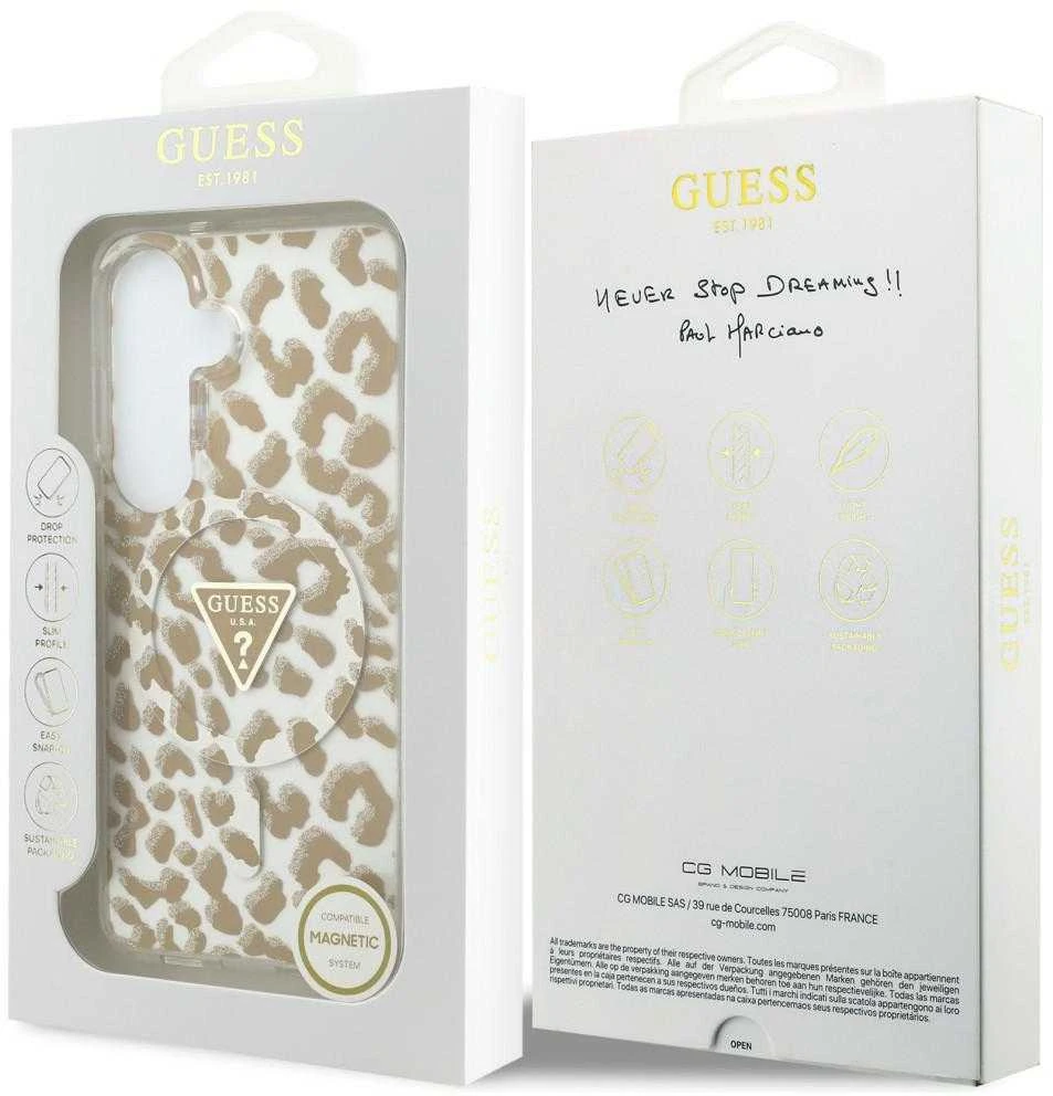 Dėklas Guess IML Leopard Print Triangle MagSafe Samsung Galaxy S26 rudos spalvos