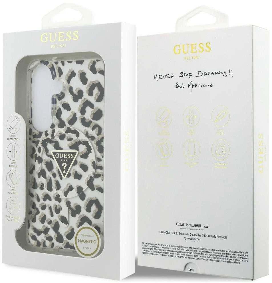Dėklas Guess IML Leopard Print Triangle MagSafe Samsung Galaxy S26 juodos spalvos