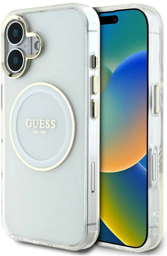 Originalus Dėklas GUESS IML Metal Colored Circle Classic Logo MagSafe skirtas Apple iPhone 16 baltos spalvos