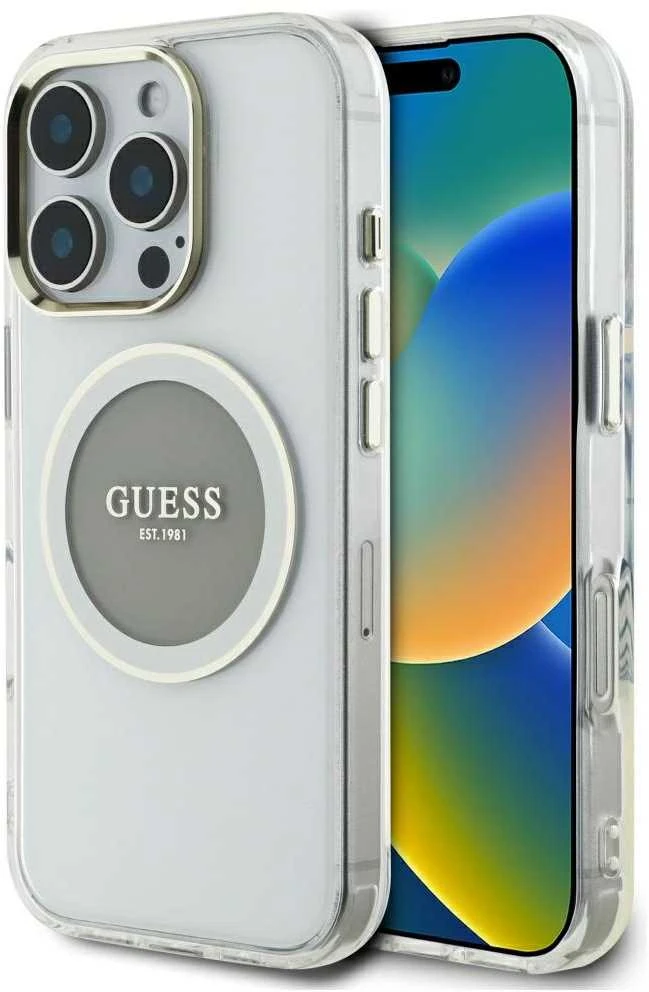 Originalus Dėklas GUESS IML Metal Colored Circle Classic Logo MagSafe skirtas Apple iPhone 16 Pro pilkos spalvos