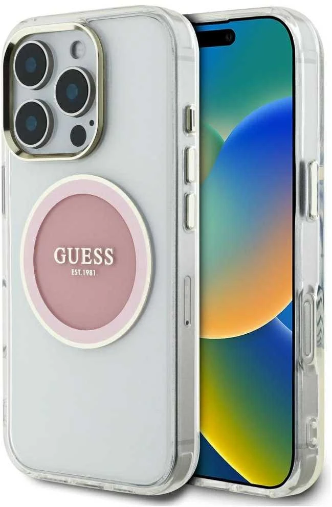 Originalus Dėklas GUESS IML Metal Colored Circle Classic Logo MagSafe skirtas Apple iPhone 16 Pro Max rožinės spalvos