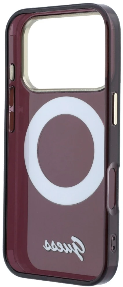 Guess IML Ring Stand 360 Script Metal Logo MagSafe dėklas, skirtas iPhone 18 Pro Max / 17 Pro Max, bordo spalvos