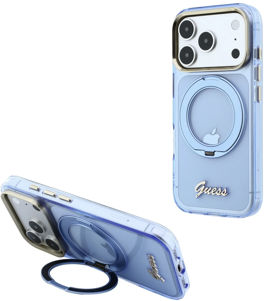 Dėklas Guess IML Ring Stand 360 Script Metal Logo MagSafe Case, skirtas iPhone 17 Pro Max / 18 Pro Max - Šviesiai mėlyna