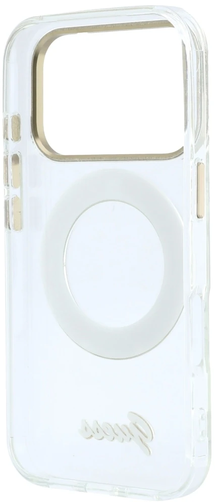 Guess IML Ring Stand 360 Script Metal Logo MagSafe dėklas, skirtas iPhone 17 Pro / 18 Pro - Skaidrus