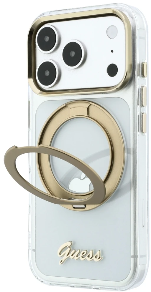 Guess IML Ring Stand 360 Script Metal Logo MagSafe dėklas, skirtas iPhone 17 Pro / 18 Pro - Skaidrus