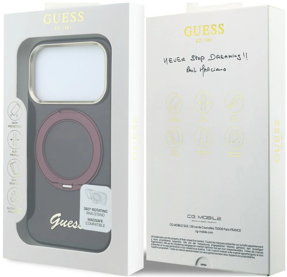 Guess IML Ring Stand 360 Script Metal Logo MagSafe dėklas, skirtas iPhone 18 Pro Max / 17 Pro Max, bordo spalvos
