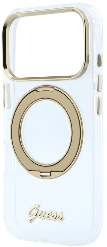 Dėklas Guess IML Ring Stand 360 Script Metal Logo MagSafe Case for iPhone 17 Pro Max / 18 Pro Max - Transparent