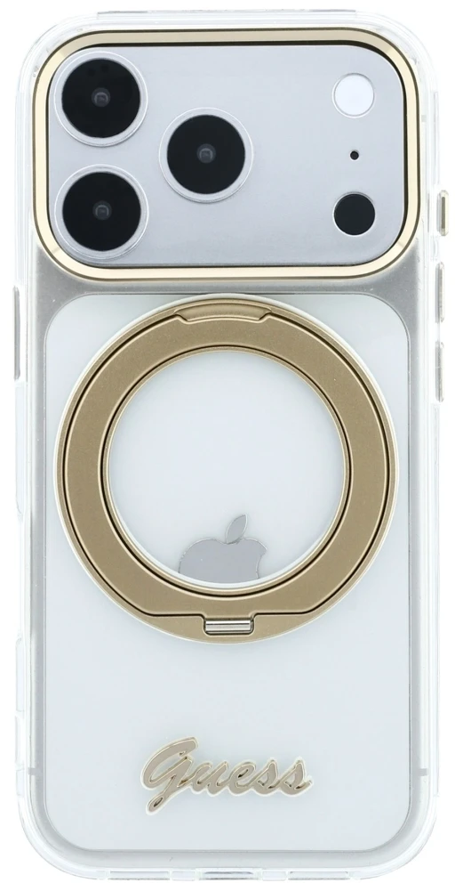 Dėklas Guess IML Ring Stand 360 Script Metal Logo MagSafe Case for iPhone 17 Pro Max / 18 Pro Max - Transparent