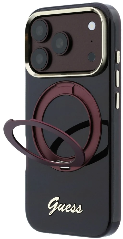 Guess IML Ring Stand 360 Script Metal Logo MagSafe dėklas, skirtas iPhone 18 Pro Max / 17 Pro Max, bordo spalvos