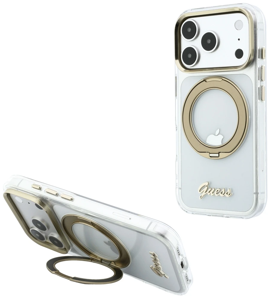 Guess IML Ring Stand 360 Script Metal Logo MagSafe dėklas, skirtas iPhone 17 Pro / 18 Pro - Skaidrus