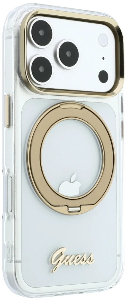 Dėklas Guess IML Ring Stand 360 Script Metal Logo MagSafe Case for iPhone 17 Pro Max / 18 Pro Max - Transparent