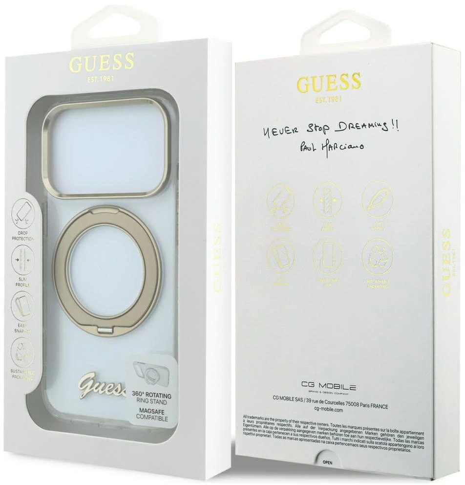 Dėklas Guess IML Ring Stand 360 Script Metal Logo MagSafe Case for iPhone 17 Pro Max / 18 Pro Max - Transparent