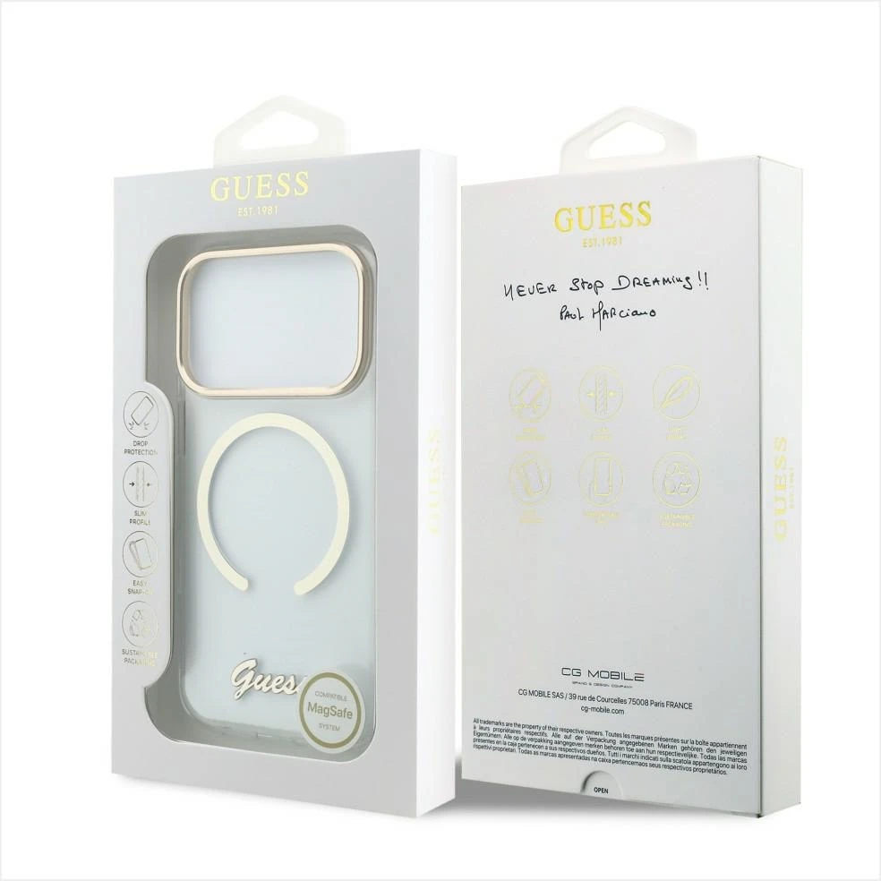 Dėklas Guess IML Script Metal MagSafe do iPhone 18 Pro Max / 17 Pro Max permatomas