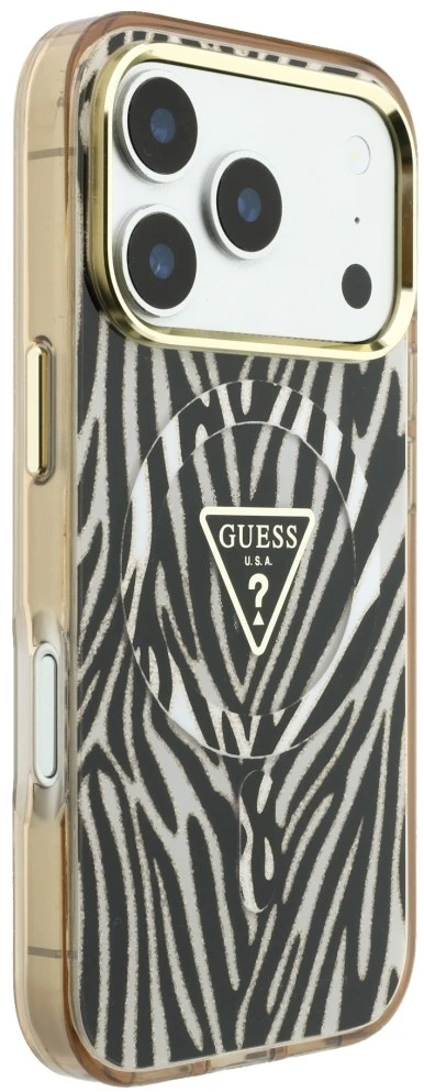 Dėklas Guess IML Zebra Glitter Triangle Logo MagSafe do iPhone 18 Pro Max / 17 Pro Max auksinė