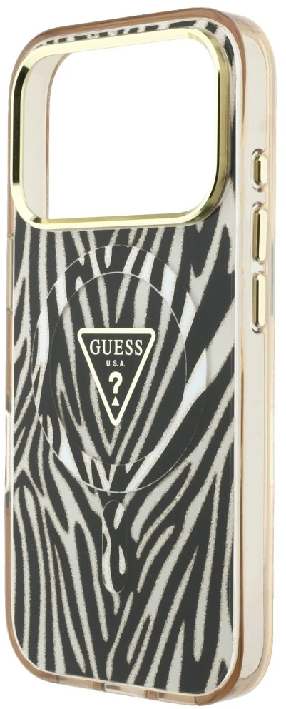 Dėklas Guess IML Zebra Glitter Triangle Logo MagSafe do iPhone 18 Pro / 17 Pro auksinė