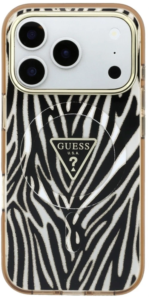 Dėklas Guess IML Zebra Glitter Triangle Logo MagSafe do iPhone 18 Pro Max / 17 Pro Max auksinė