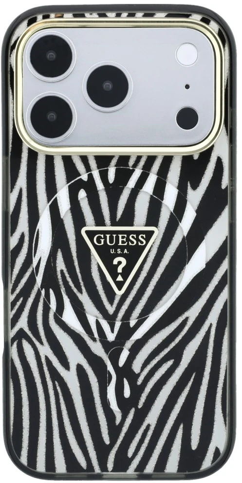 Dėklas Guess IML Zebra Glitter Triangle Logo MagSafe do iPhone 18 Pro Max / 17 Pro Max sidabrinė