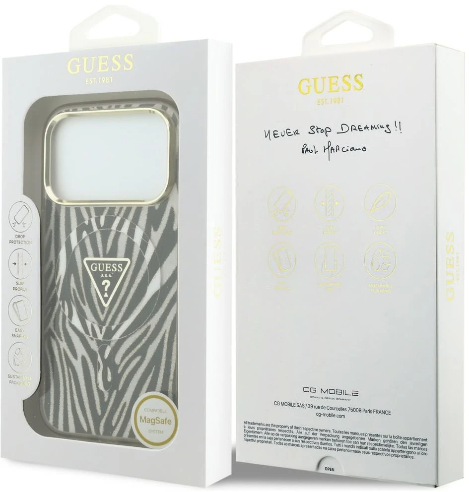 Dėklas Guess IML Zebra Glitter Triangle Logo MagSafe do iPhone 18 Pro / 17 Pro auksinė