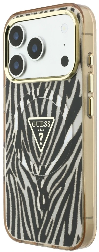 Dėklas Guess IML Zebra Glitter Triangle Logo MagSafe do iPhone 18 Pro / 17 Pro auksinė