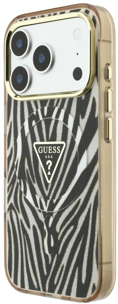 Dėklas Guess IML Zebra Glitter Triangle Logo MagSafe do iPhone 18 Pro Max / 17 Pro Max auksinė