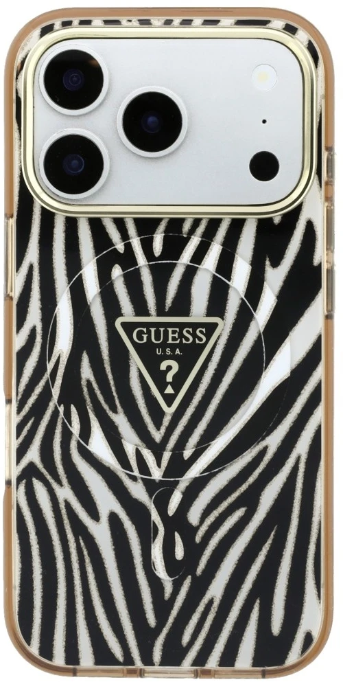 Dėklas Guess IML Zebra Glitter Triangle Logo MagSafe do iPhone 18 Pro / 17 Pro auksinė