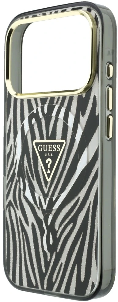 Dėklas Guess IML Zebra Glitter Triangle Logo MagSafe do iPhone 18 Pro / 17 Pro sidabrinė