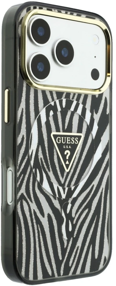 Dėklas Guess IML Zebra Glitter Triangle Logo MagSafe do iPhone 18 Pro Max / 17 Pro Max sidabrinė