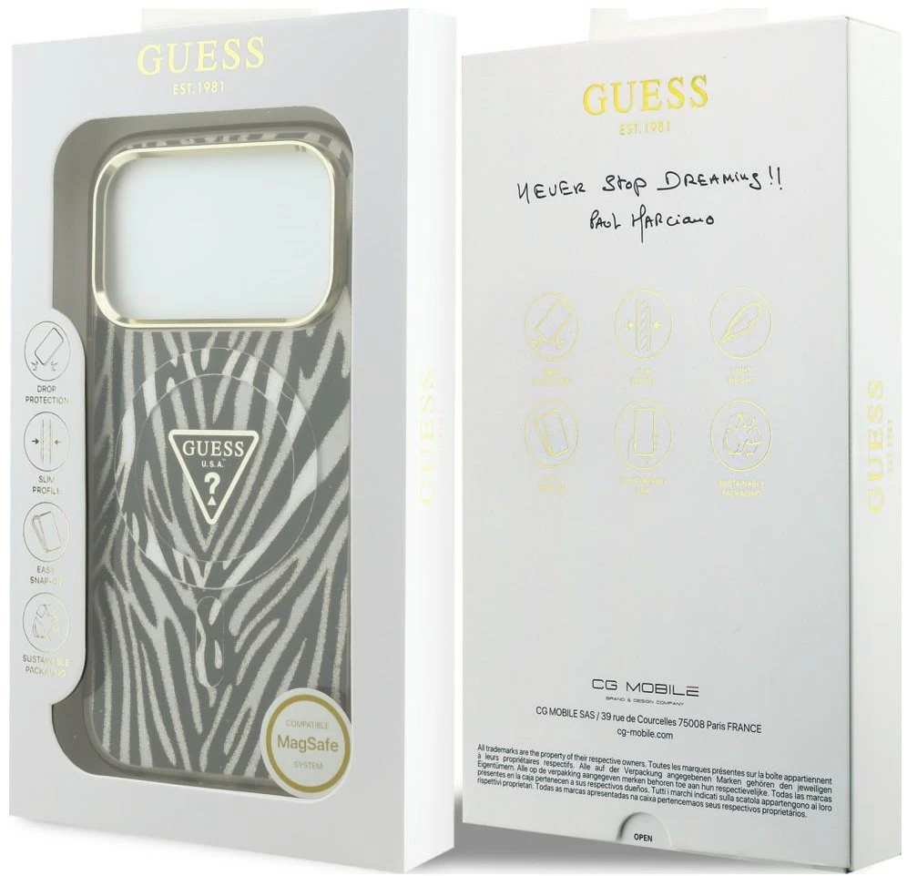 Dėklas Guess IML Zebra Glitter Triangle Logo MagSafe do iPhone 18 Pro Max / 17 Pro Max auksinė