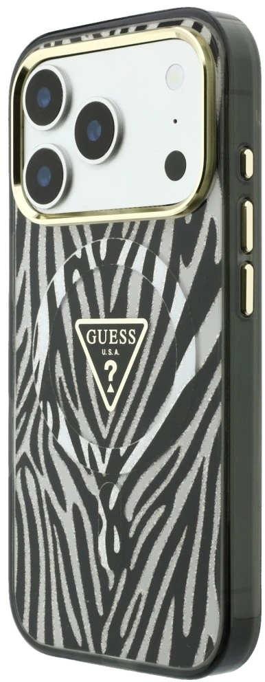 Dėklas Guess IML Zebra Glitter Triangle Logo MagSafe do iPhone 18 Pro Max / 17 Pro Max sidabrinė